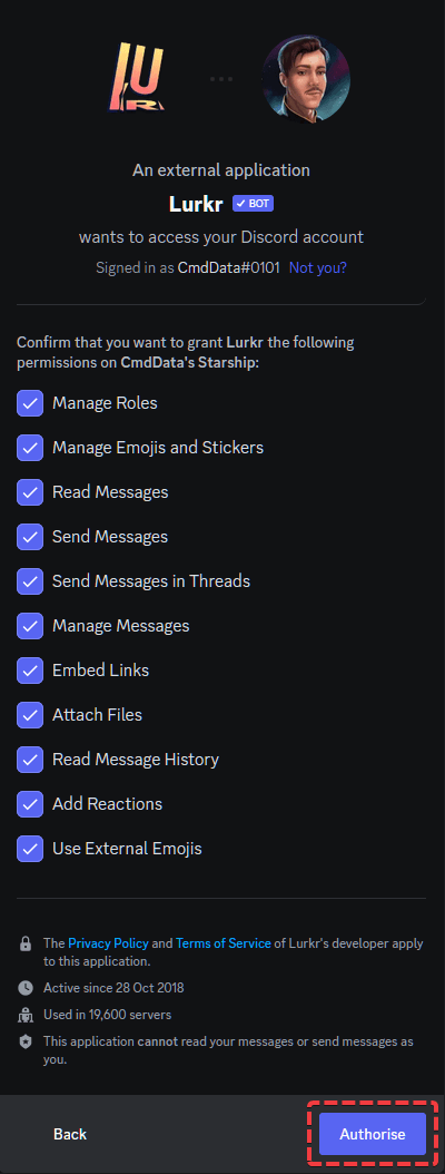 A form to confirm the permissions the bot will have on the server