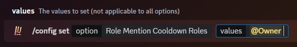 Usage of the slash command '/config set option:Role Mention Cooldown Roles'