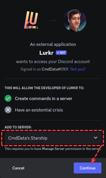 The add bot to your server Discord page