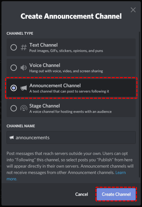 Creating an announcement channel in Discord