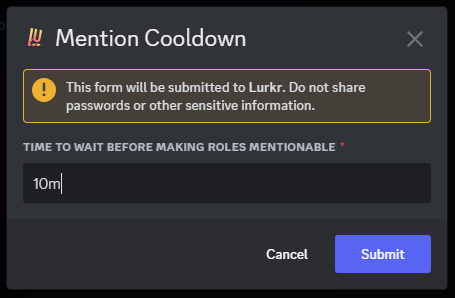 Example of the Modal pop-up for setting the Role Mention Cooldown
Time