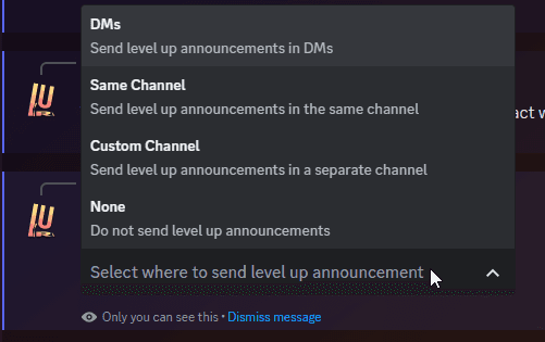 The select menu for setting the Level Up Message
Destination