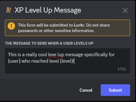 The modal dialog box for setting the Level Up Message