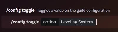 Usage of the slash command '/config toggle option:Leveling System'