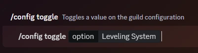 Usage of the slash command '/config toggle option:Leveling System'
